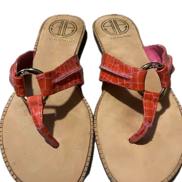 Lilly Pulitzer Orange/Pink Patent Croc Embossed Leather Flip-Flops, 6.5M - Picture 6 of 13